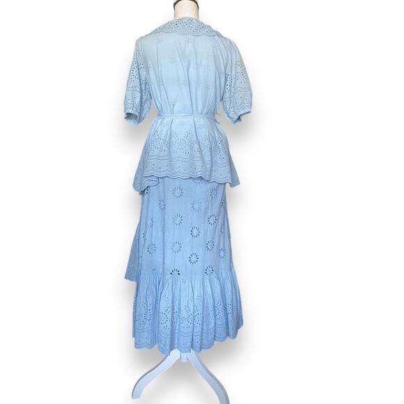 Roller Rabbit Eyelet Lace Wrap Skirt Puff Sleeve Blouse Sz S Light Blue - Picture 2 of 16